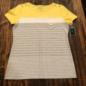 Karen Scott Yellow, White & Gray Striped Short Sleeve Pocket Tee
